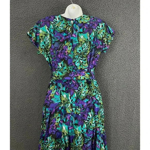 VTG Luci Pellini Tropical Floral Print Dress Sz 10 Regular 80's Belted Women's - Picture 10 of 14
